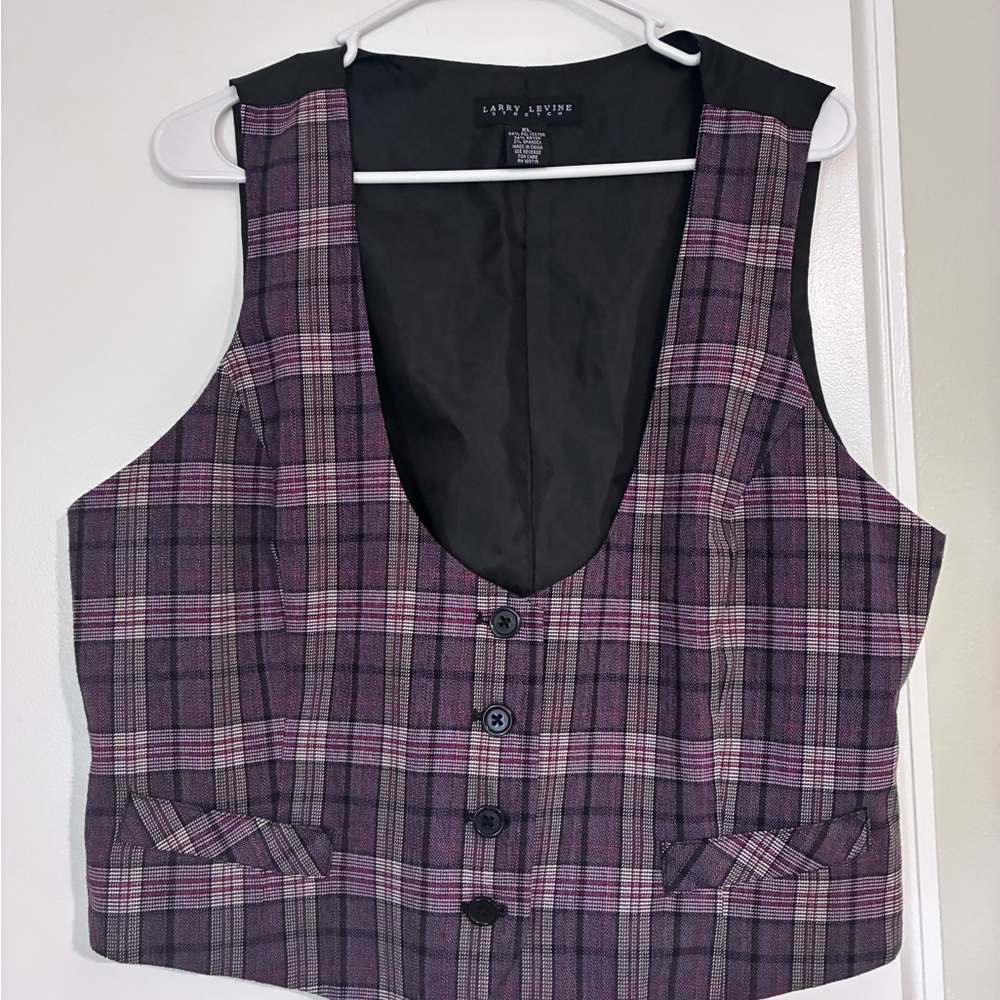 Larry Levine Black and Burgundy Plaid Vest